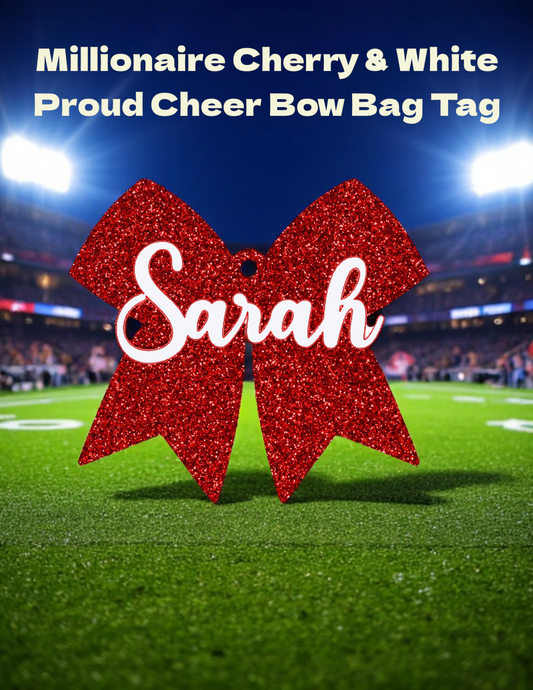 Customized cheerleading bow bag tag with the name 'Sarah' in cursive script, featuring sparkling cherry and white colors on a football field background. The design highlights a dazzling cheer bow under stadium lights, emphasizing the tag's unique and personalized style ideal for cheer accessories.