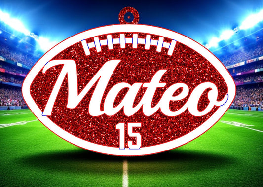 "Custom football bag tag featuring the name 'Mateo' and jersey number '15' on a sparkling red glitter football design, set against a vibrant stadium background under stadium lights."